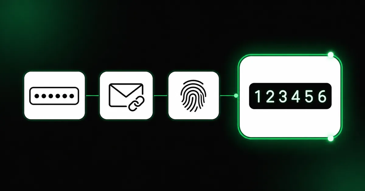 Four authentication method glyphs with the OTP code card highlighted in green