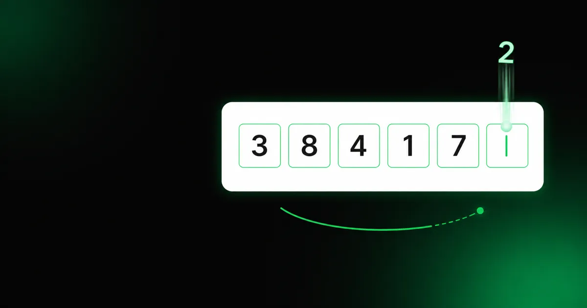 A minimal OTP code-entry screen with six input boxes, one digit landing into place
