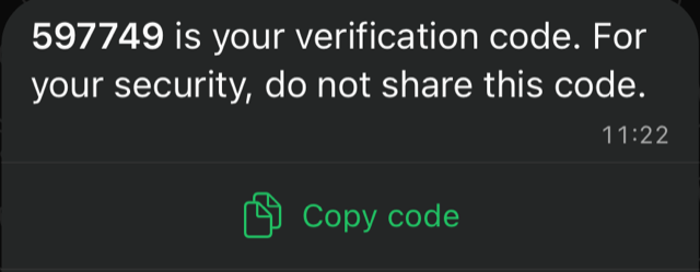WhatsApp chat: the verification code delivered as an authentication template with a Copy code button